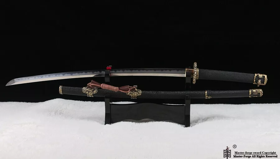 Folded Steel Clay Tempered Tachi Japanese Samurai Sword Black Rayskin Wrapping