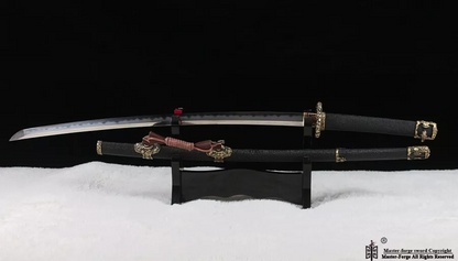 Folded Steel Clay Tempered Tachi Japanese Samurai Sword Black Rayskin Wrapping