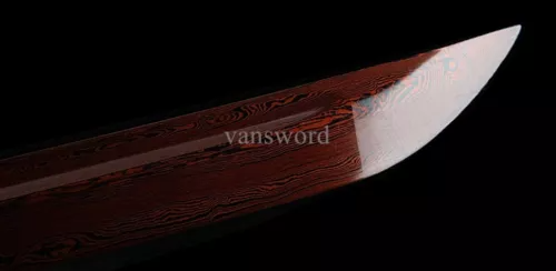 Handmade Japanese Katana Damascus Folded Steel Samurai Sword With Red Blade.