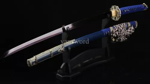 Japanese Tachi Hand Forge Folded Steel Samurai Sword Sharp With Blue Scabbard.