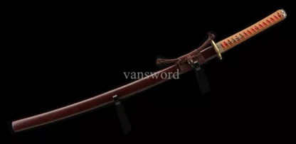 Handmade Damascus Steel Japanese Katana Samurai Sword With Dark Red Scabbard.