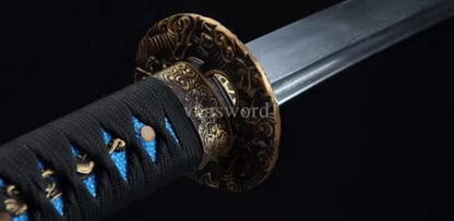 Folded Steel Handmade Japanese Samurai Katana Sword With Copper Tsuba Blue Saya.