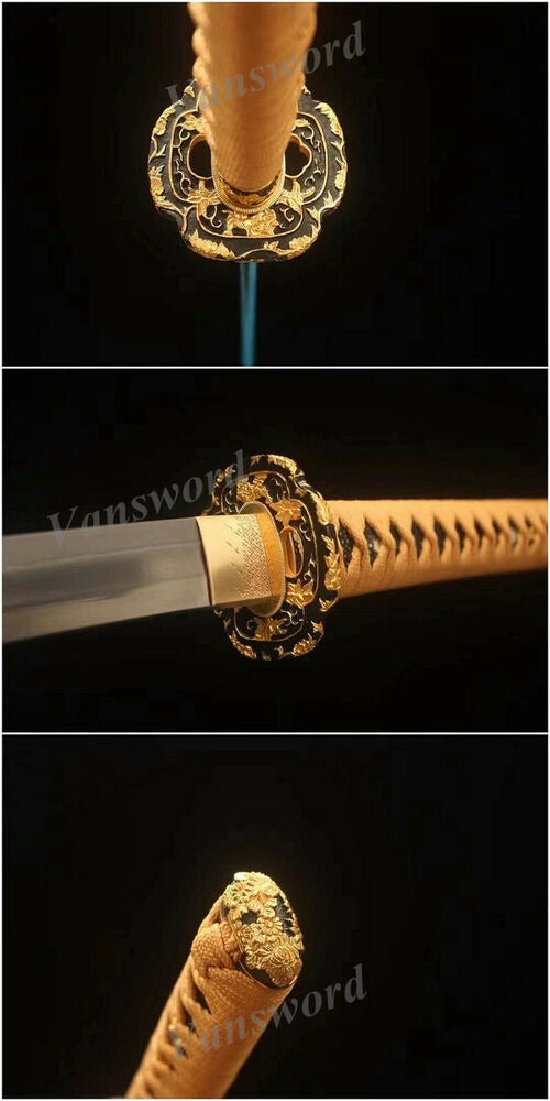 Clay Tempered Suguha Hamon Folded Steel Japanese Katana Samurai Sword Sharp.