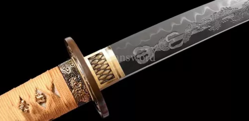 Handmade Japanese Tanto Sword T10 Steel Clay Tempered OX Horn With Copper Tsuba.