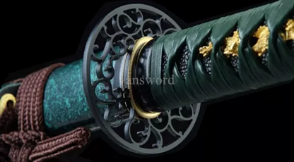 Handmade Japanese Katana T10 Steel Clay Tempered Samurai Sword With Green Saya.