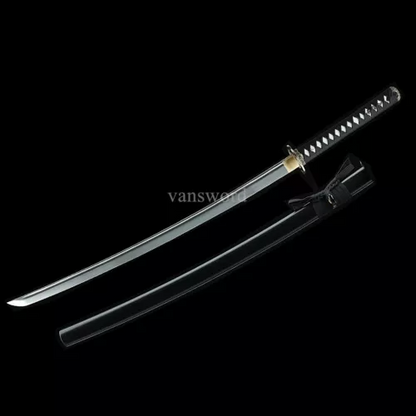 Japanese Katana Samurai Sword Damascus Folded Steel Handmade With Black Scabbard