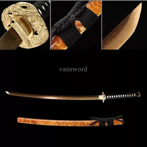 Damascus Folded Steel Japanese Katana Samurai Sword Sharp With Golden Blade.