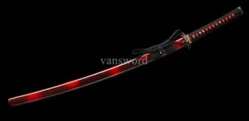 Japanese Samurai Katana Damascus Folded Steel Sword With Red And Black Scabbard.