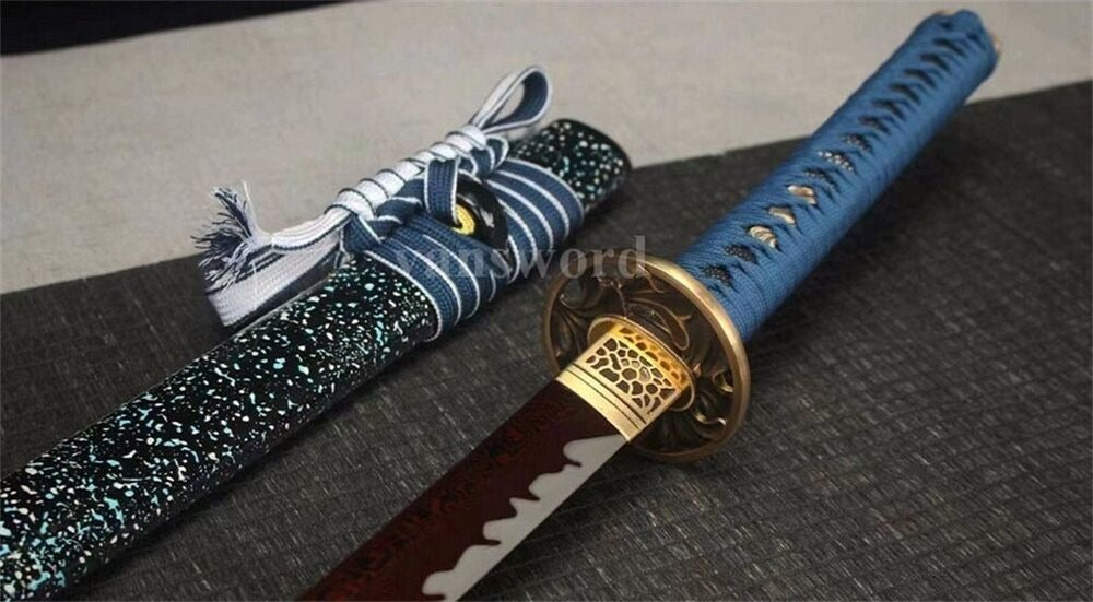 Handmade Japanese Sword Katana Red Damascus Folded Steel Abrasive Hamon Sharp.