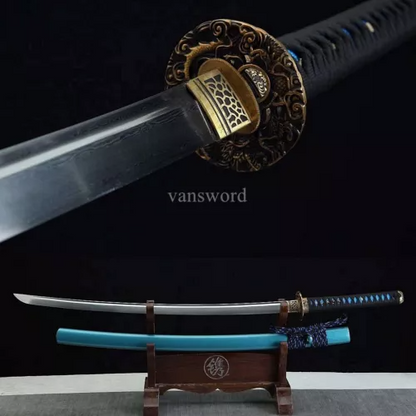 Handmade Folded Steel Japanese Samurai Katana Sword With Copper Tsuba Blue Saya.