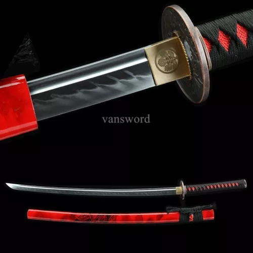 T10 Steel Clay Tempered Real Japanese Katana Samurai Battle Real Hamon Red Saya.