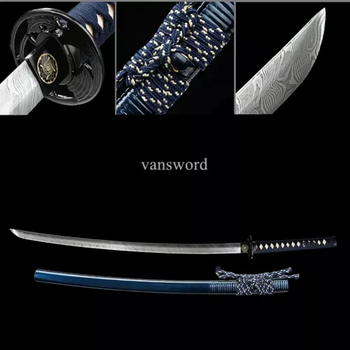 Japanese Samurai Sword With Folded Melaleuca Steel Handmade Blade With Blue Saya