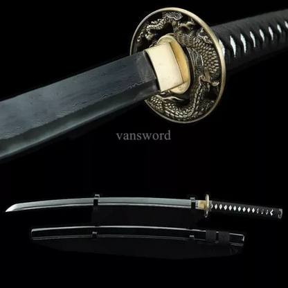 Japanese Samurai Katana Handmade Damascus Folded Steel Sword With Black Scabbard