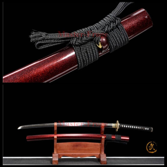 Full Tang Japanese Katana Samurai Sword T10 Steel Clay Tempered Sharp Blade Red