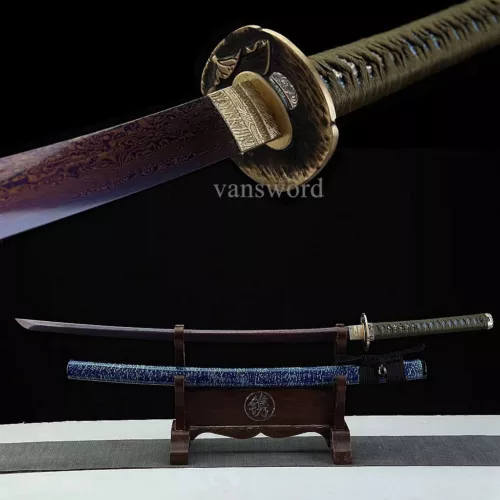 Handforge Japanese Katana Folded Steel Samurai Sword Purple Blade Copper Tsuba.