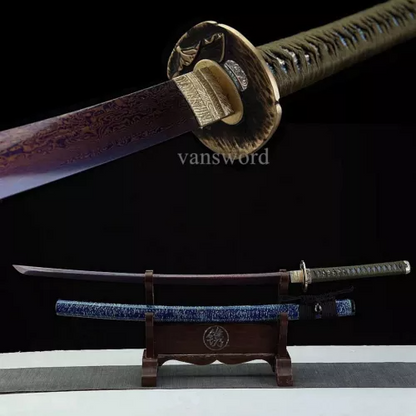 Handforge Japanese Katana Folded Steel Samurai Sword Purple Blade Copper Tsuba.