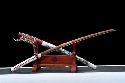 Folded Steel Clay Tempered Red Japanese Samurai Katana Sword Full Tang Sharp.