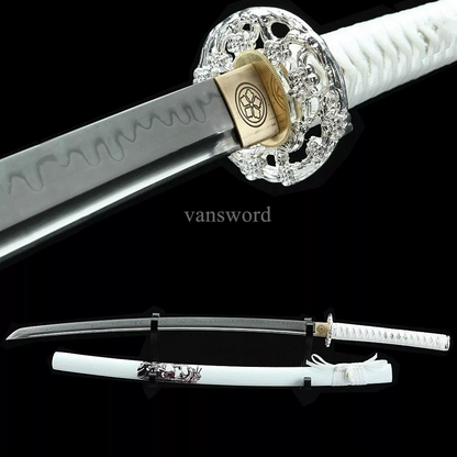 Handmade T10 Clay Tempered Japanese Katana Samurai Sword With White Scabbar.