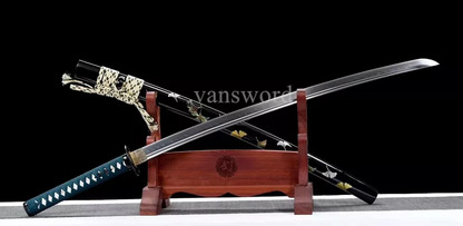 Japanese Katana Sword T10 Steel Clay Tempered Real Hamon Hand-painted Black Saya