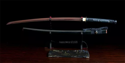 Damascus Folded Steel Japanese Katana Samurai Sword Red Blade Buffalo Horn Saya