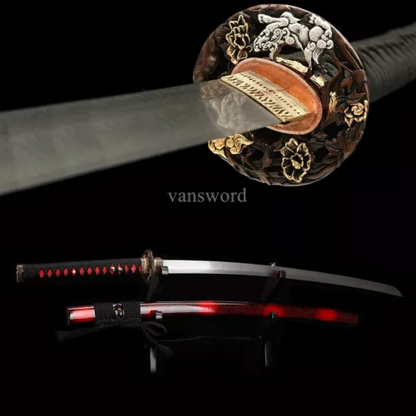 Damascus Folded Steel Japanese Samurai Katana Sword With Red And Black Scabbard.