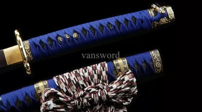 Tachi Hand Forge Folded Steel Japanese Samurai Sword Sharp With Blue Scabbard.