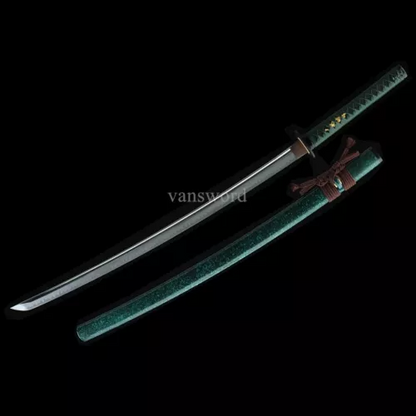 Handmade T10 Steel Clay Tempered Japanese Katana Samurai Sword With Green Saya.