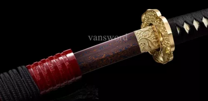 Damascus Steel Japanese Samurai Katana Sword With Blue Blade Copper Tsuba NEW.