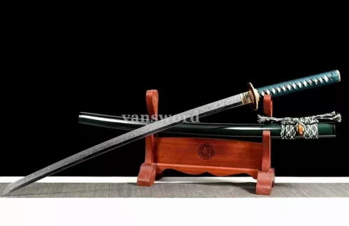 T10 Steel Clay Tempered Hardened Japanese Katana Smaurai Sword Green Saya.