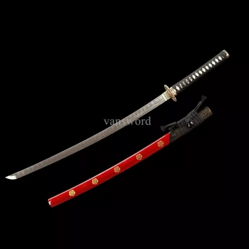 Damascus Steel Handmade Real Japanese Samurai Katana Sword With Red Scabbard NEW