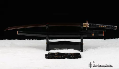 Japanese Katana Red & Black Folded Steel Blade Samurai Sword Dragon Copper Tsuba