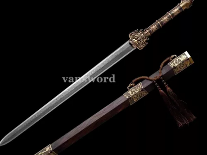 Folded Steel Chinese Jian Full Tang Sword Dragon Carving Sharp Blade