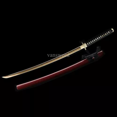 T10 Steel Clay Tempered Handmade Japanese Katana Samurai Sword With Golden Blade