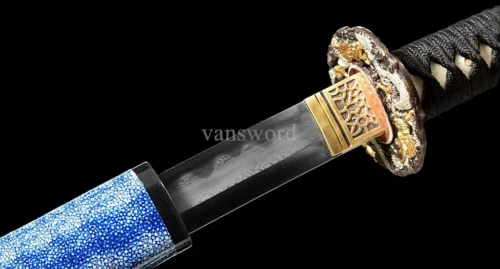 Japanese Real Katana Hand Forged Damascus Folded Steel Samurai Sword Sharp Blue.