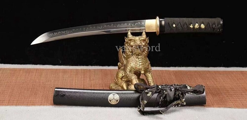 T10 Steel Clay Tempered Japanese Tanto Sword With Black Scabbard Copper Tsuba.