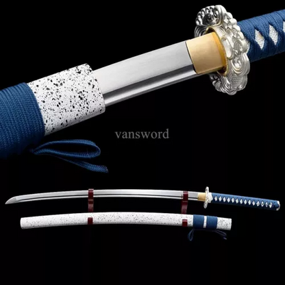 Handmade Japanese Katana Sword Samurai High Manganese SteelFull Tang Blue Handle