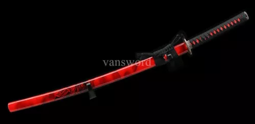 T10 Steel Clay Tempered Real Japanese Katana Samurai Battle Real Hamon Red Saya.