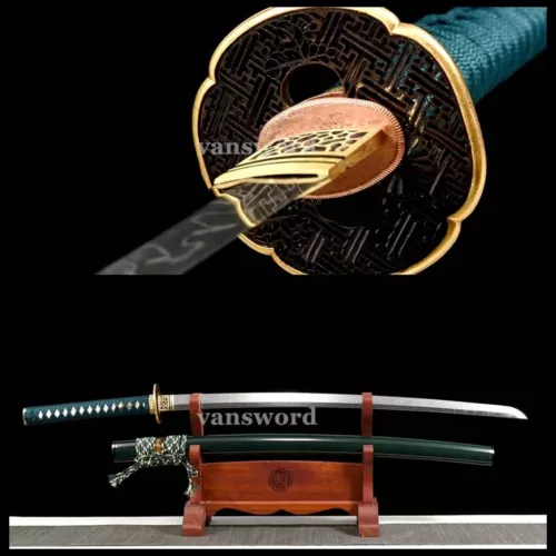 T10 Steel Clay Tempered Hardened Japanese Katana Smaurai Sword Green Saya.