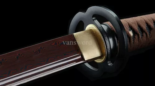 Damascus Folded Steel Handmade Japanese Katana Samurai Sword With Red Blade.