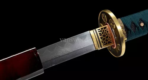 Katana High Quality Damascus Folded Steel Japanese Samurai Sword Sharp Red Saya.