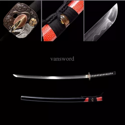 Damascus Folded Steel Japanese Katana Samurai Sword With Red Saya Hand Forged.