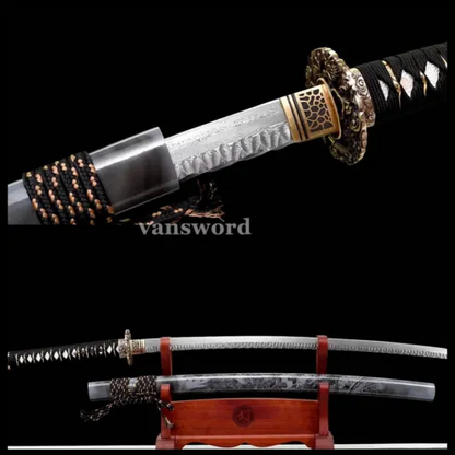 Handmade Folded Steel Katana Japanese Samurai Sharp Real Sword Hammering Pattern