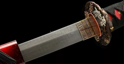 Japanese Samurai Katana Damascus Folded Steel Sword With Red And Black Scabbard.