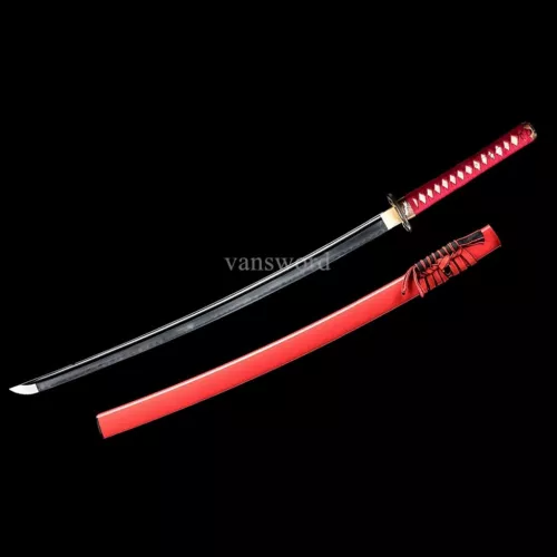 Japanese Katana Hand Forged T10 Steel Clay Tempered Samurai Sword Sharp Red Saya