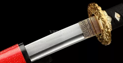 Japanese Samurai Katana Damascus Folded Steel Sword Handmade With Copper Tsuba.