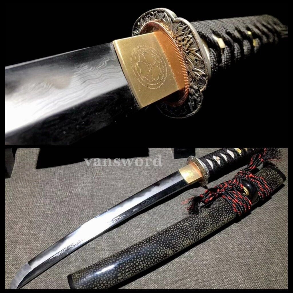 Clay Tempered Folded Steel Japanese Tanto Samurai Sword Golden Treated Tusba