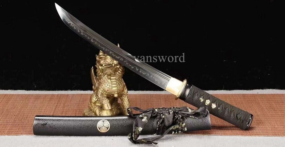 T10 Steel Clay Tempered Japanese Tanto Sword With Black Scabbard Copper Tsuba.