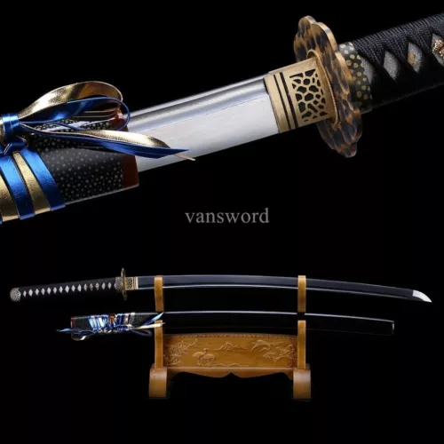 Damascus Steel Handmade Japanese Samurai Katana Sword Full Tang With Black Saya.