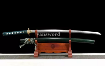 T10 Steel Clay Tempered Hardened Japanese Katana Smaurai Sword Green Saya.