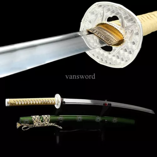 1095 High Carbon Steel Japanese Katana Blade Real Samurai With Green Scabbard.